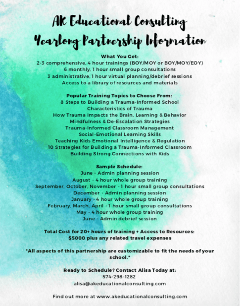 A flyer for AK Educational Consulting detailing their yearlong partnership offerings, including training topics, sample schedule, and costs associated with the consulting services.